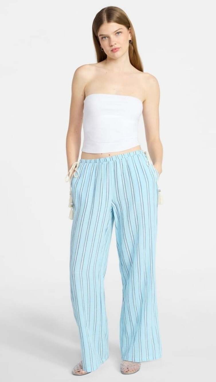 No Boundaries Side Tie Beach Pants Sky Blue Striped